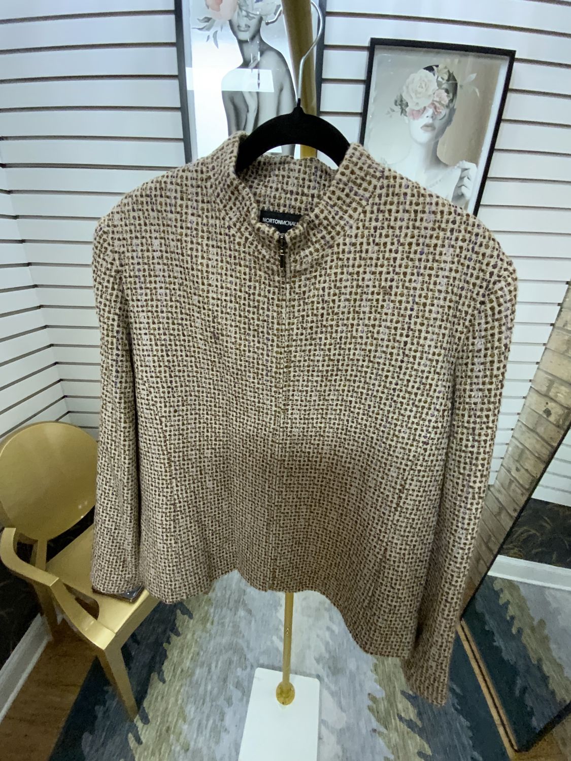 Woman Brown and Purple Strip Tweed Zipper Jacket Size 16