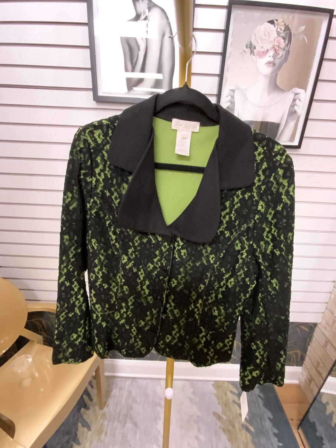 Woman Lime Green and Black Lace Overlay Short Jacket Size Large