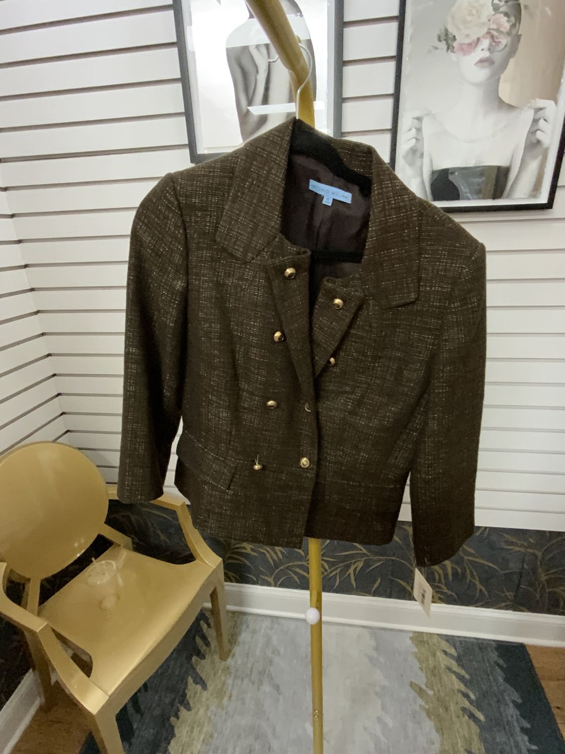 Woman Brown Jacket Double Breasted Short Jacket with Gold Buttons Size 12