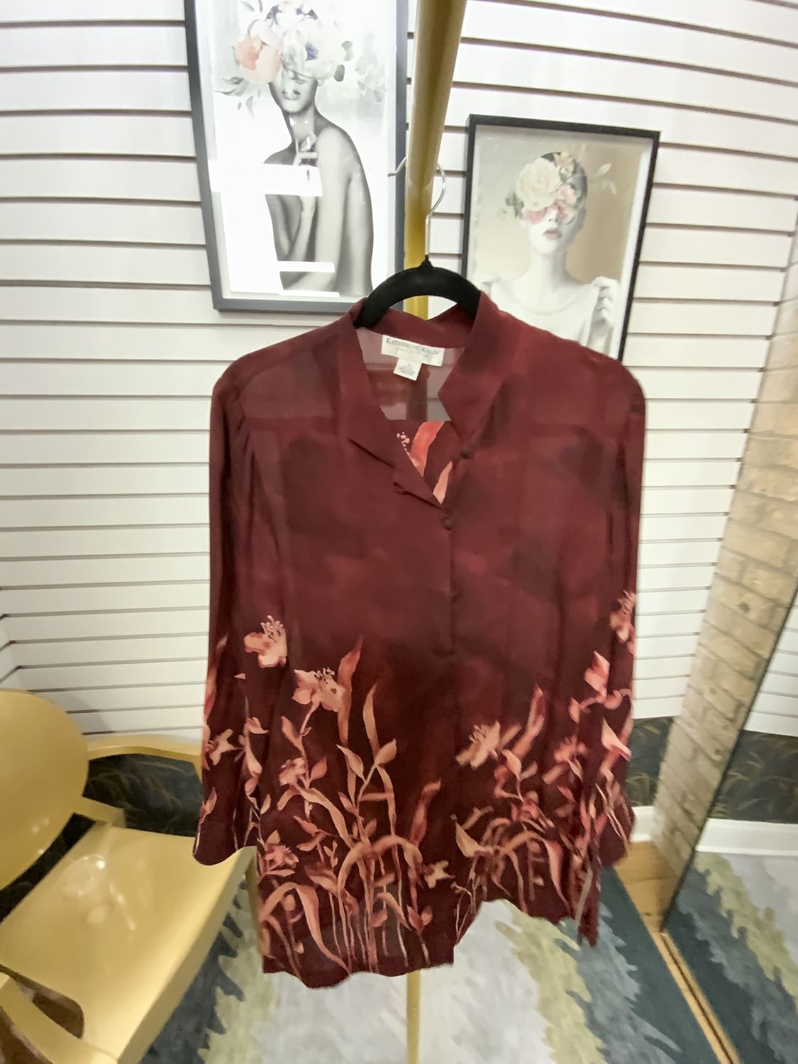Woman Burgundy Silk Floral Print Two PCS Blouse and Long Skirt