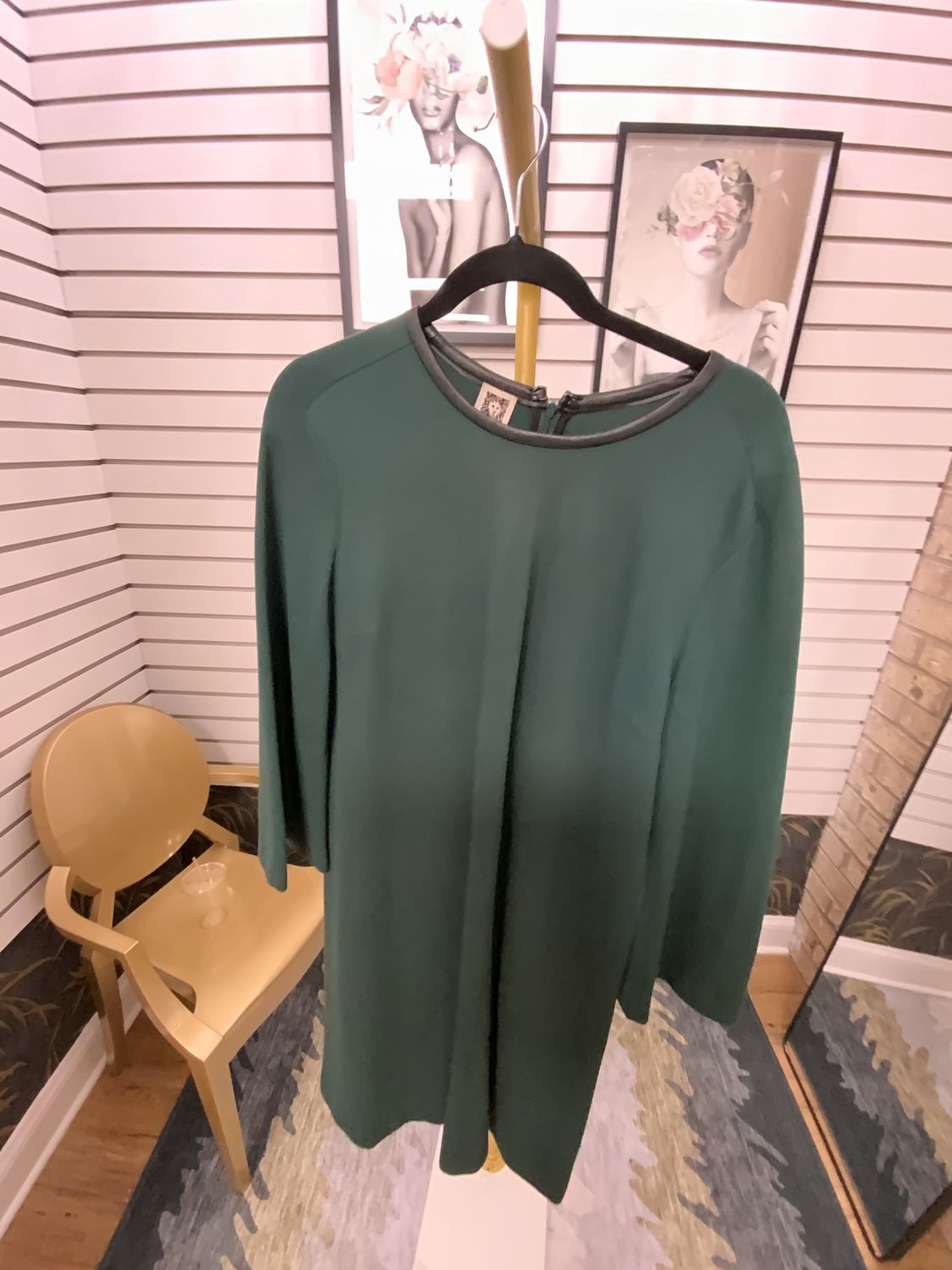 Woman Green Dress with Leather Trim with Wide Bottom Sleeves Size 12