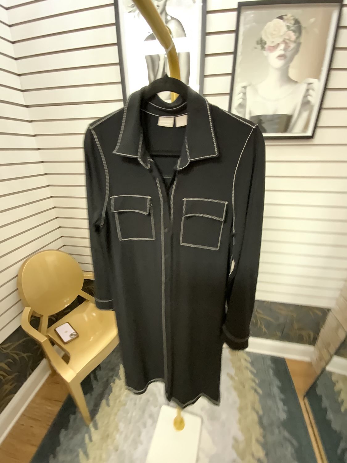 Woman Navy Blue Dress With White Stich Long Button Down Size 1/ 6- 10 UsA