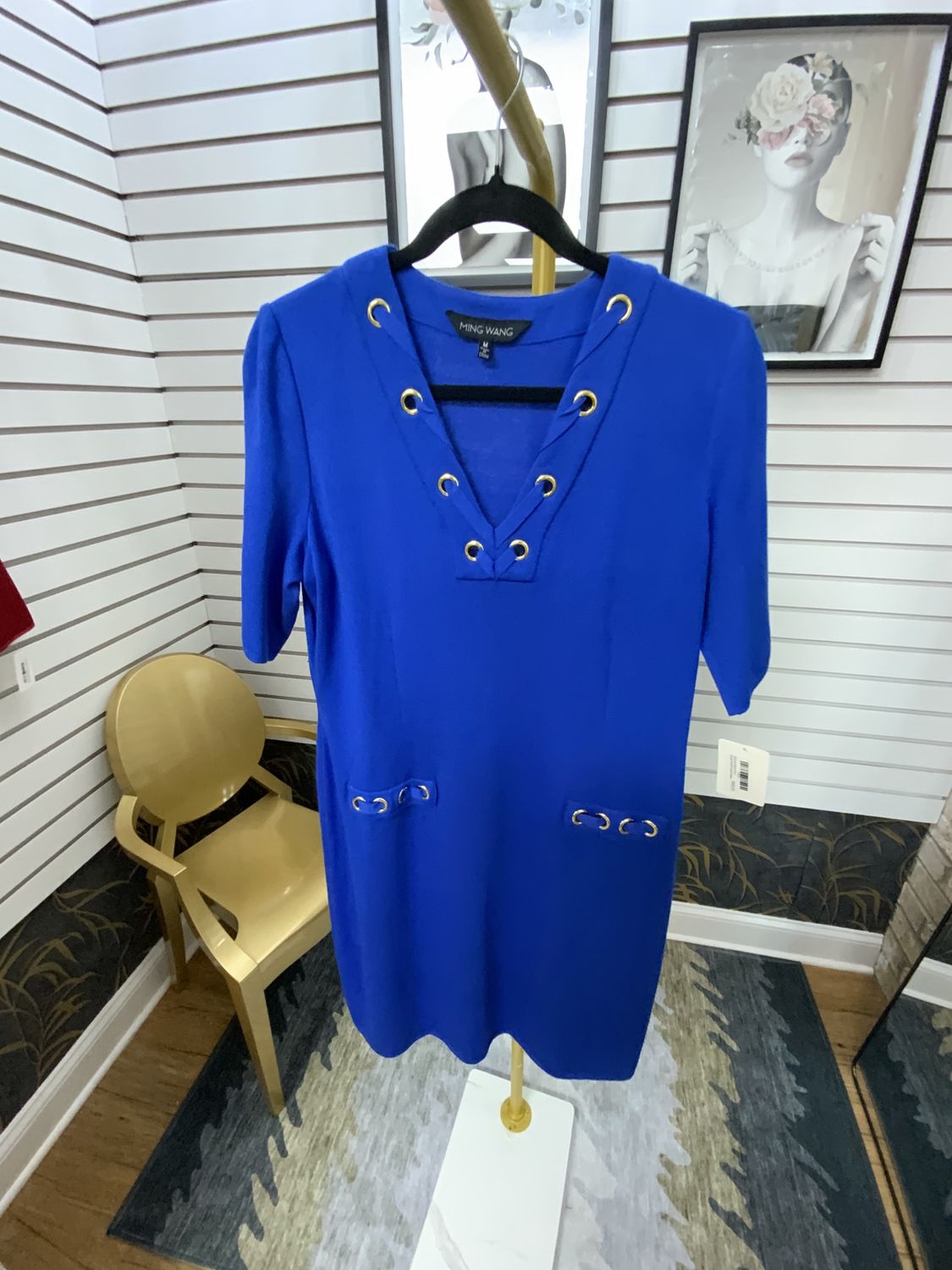 Woman Blue Knit Dress With Gold Holes with Tie Short Sleeves V-Neck Size Med