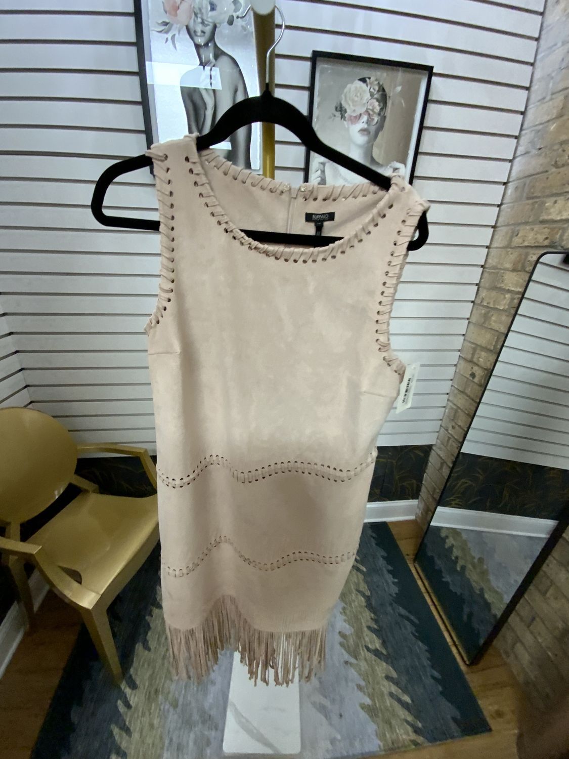 Women Pink Suede Sleeveless Dress with Fringe Size L