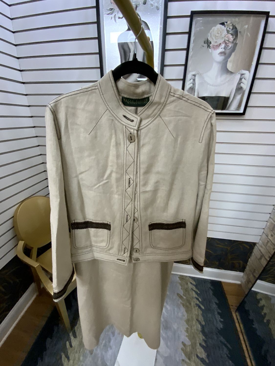 Women Khaki Dress/Jacket with Suede Trim Size 12