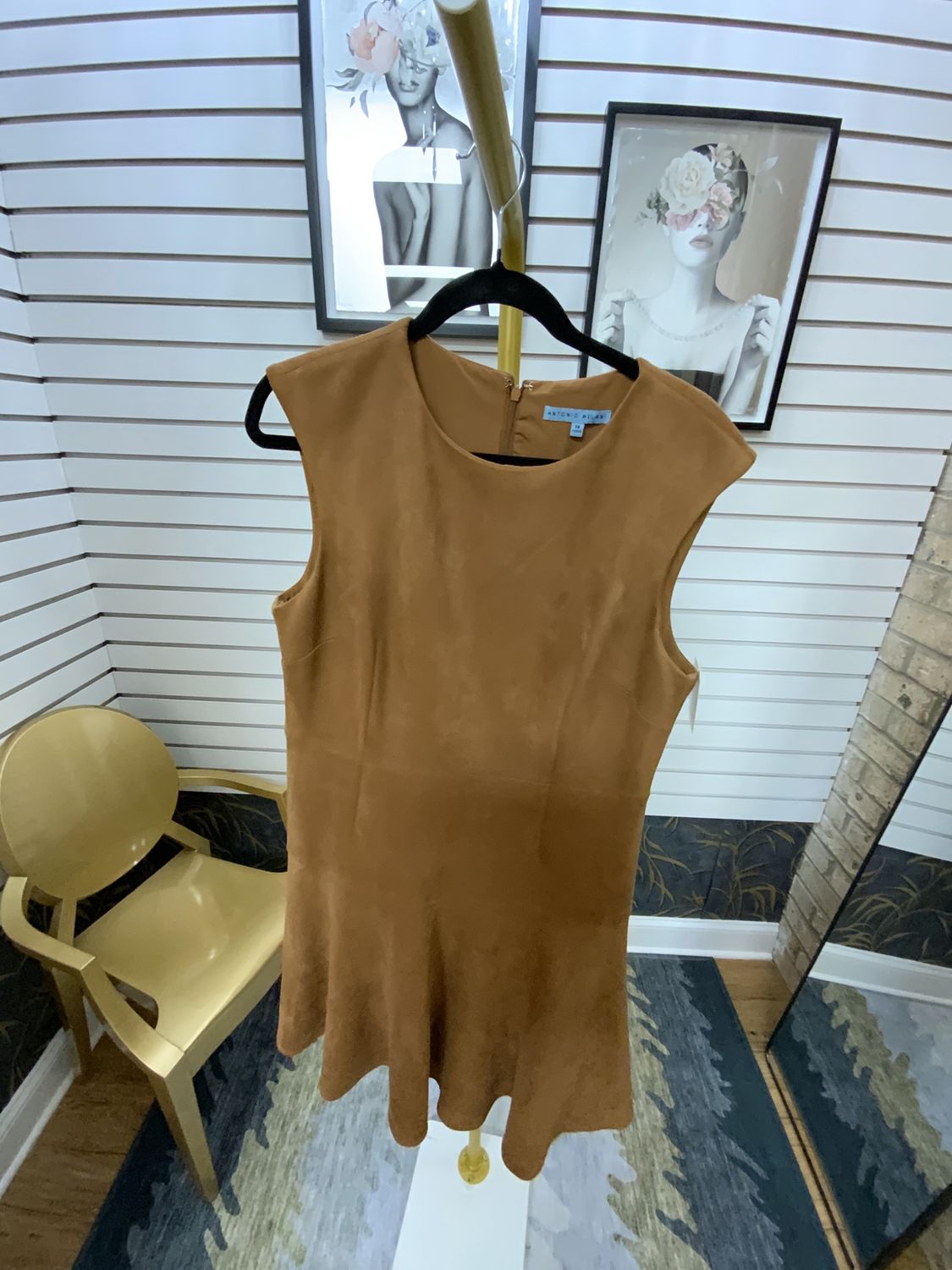 Women Camel Suede Sleeveless Dress Size 14