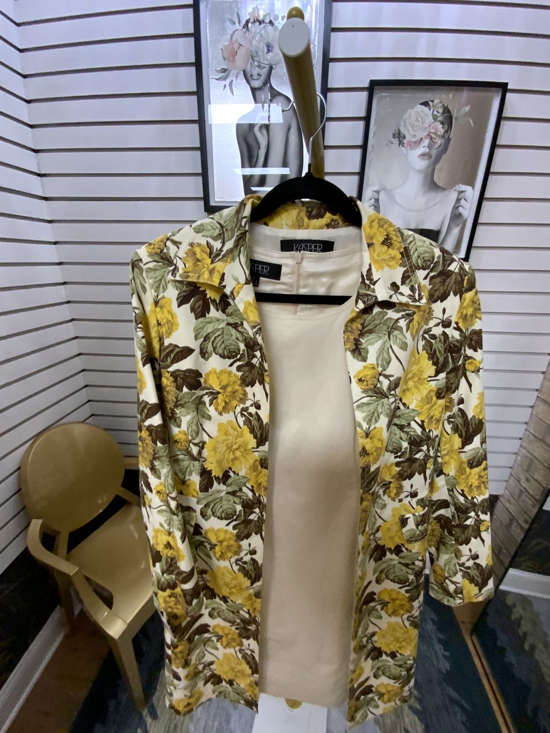 Women Flower Print Yellow/Cream Dress/Jacket Size 10