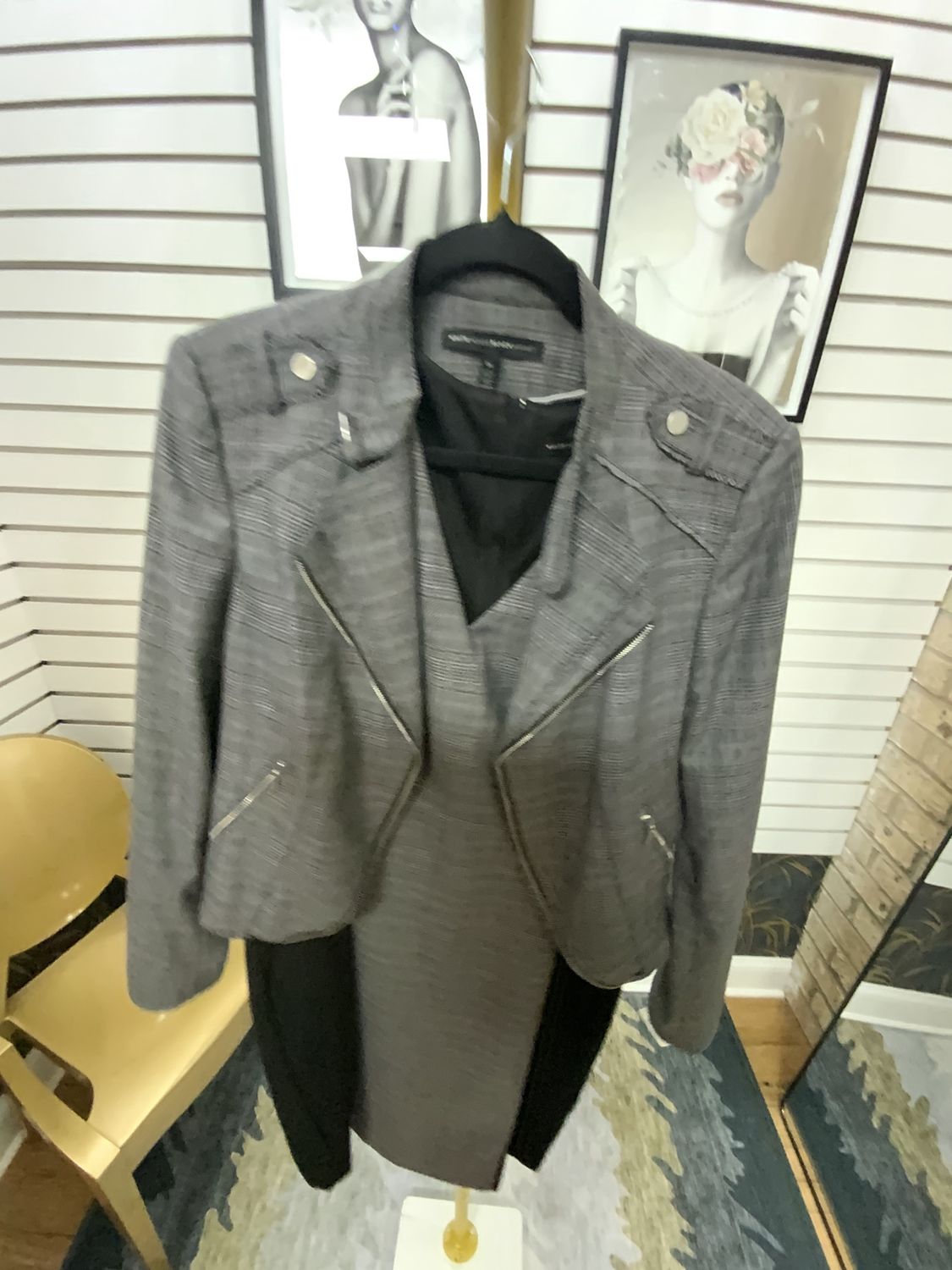 Woman 2 Pcs Gray, Purple , and White Plaid Dress and jacket with Zipper Size 14