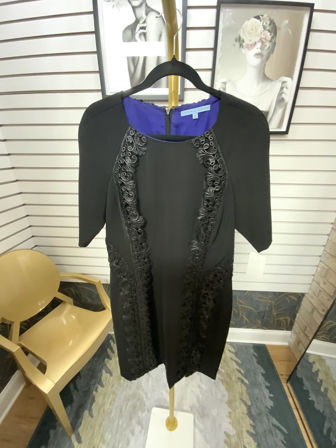 Women Black Short Sleeve Lace Trim Size 10