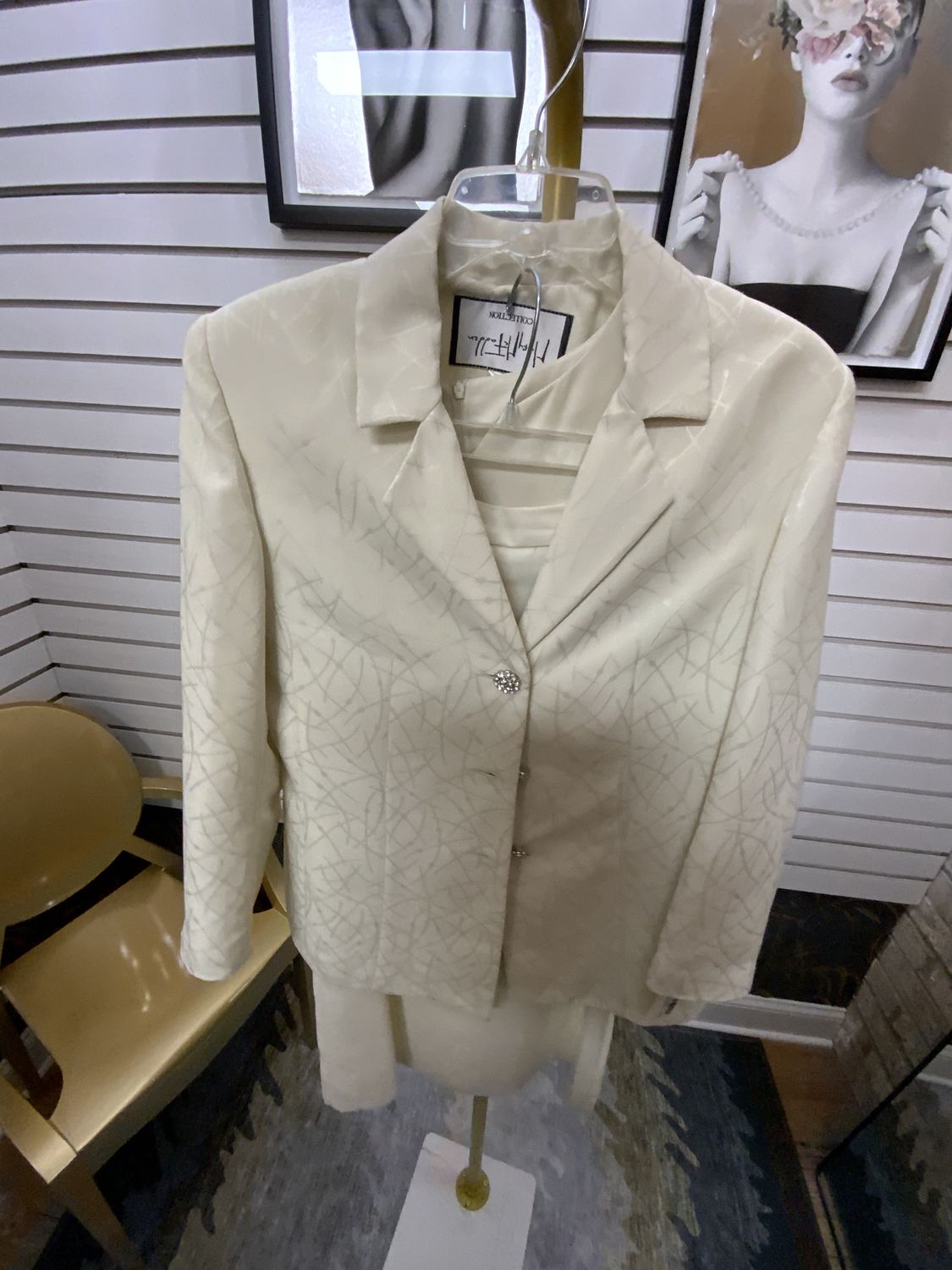 Woman 3 Pcs Set CreamJacket with Clear Stone Buttons with Vest Top and Long Skirt Size 10