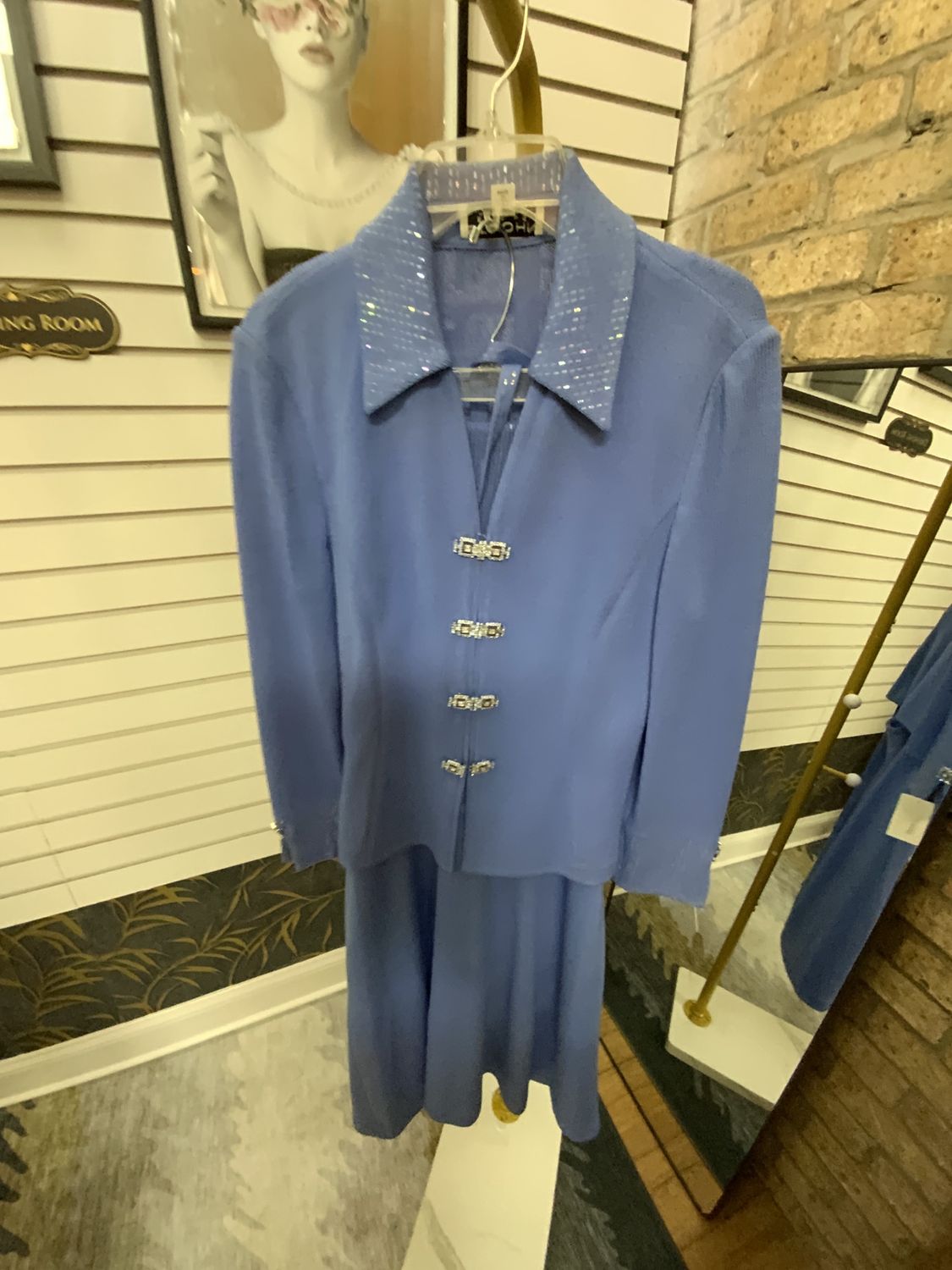 Women 2 Piece Light Blue Knit Jacket/Sequin Criss Cross BackDress Size 8