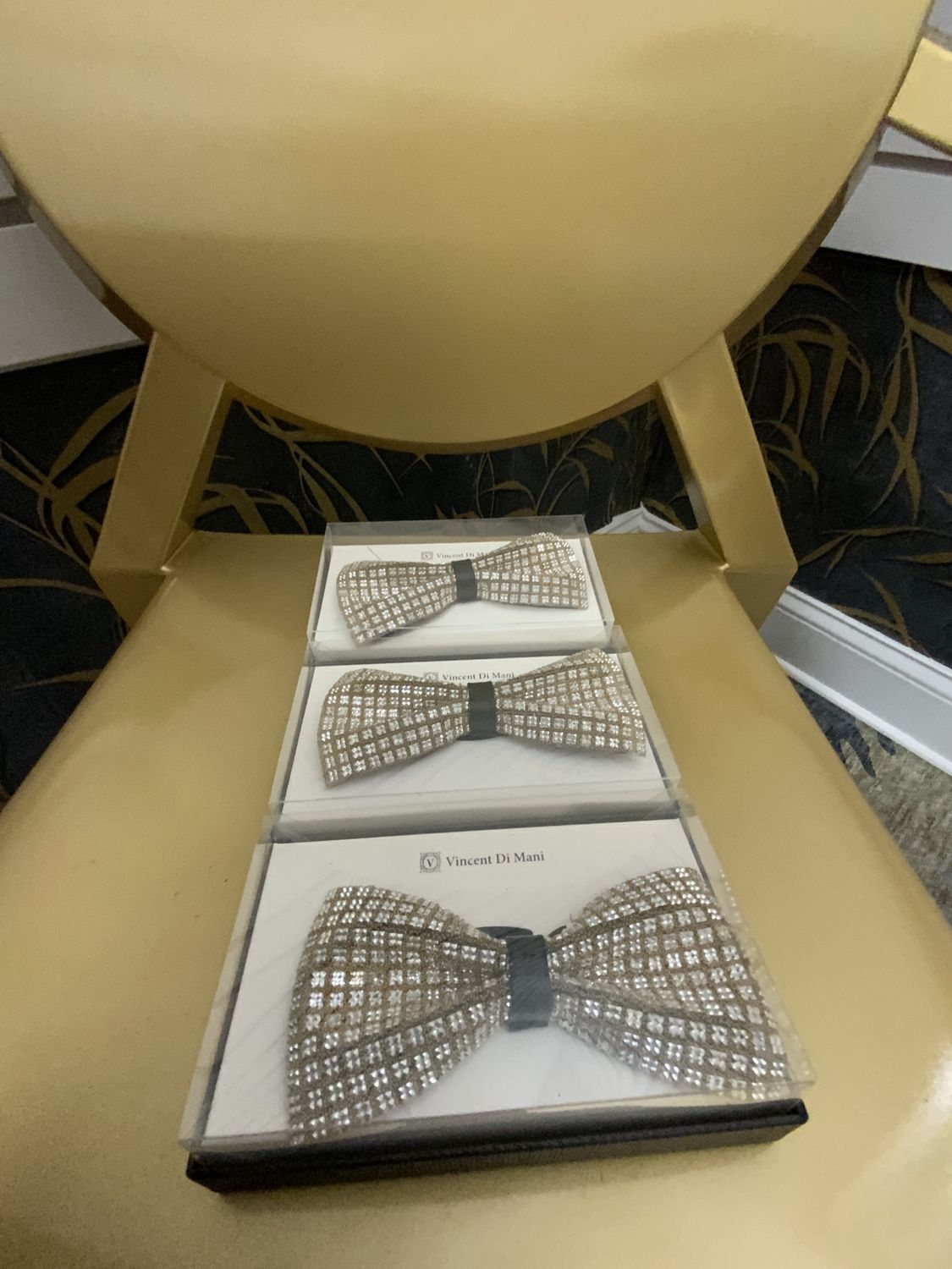 Men Crystal Silver Rhinestone over Gold Bow Tie