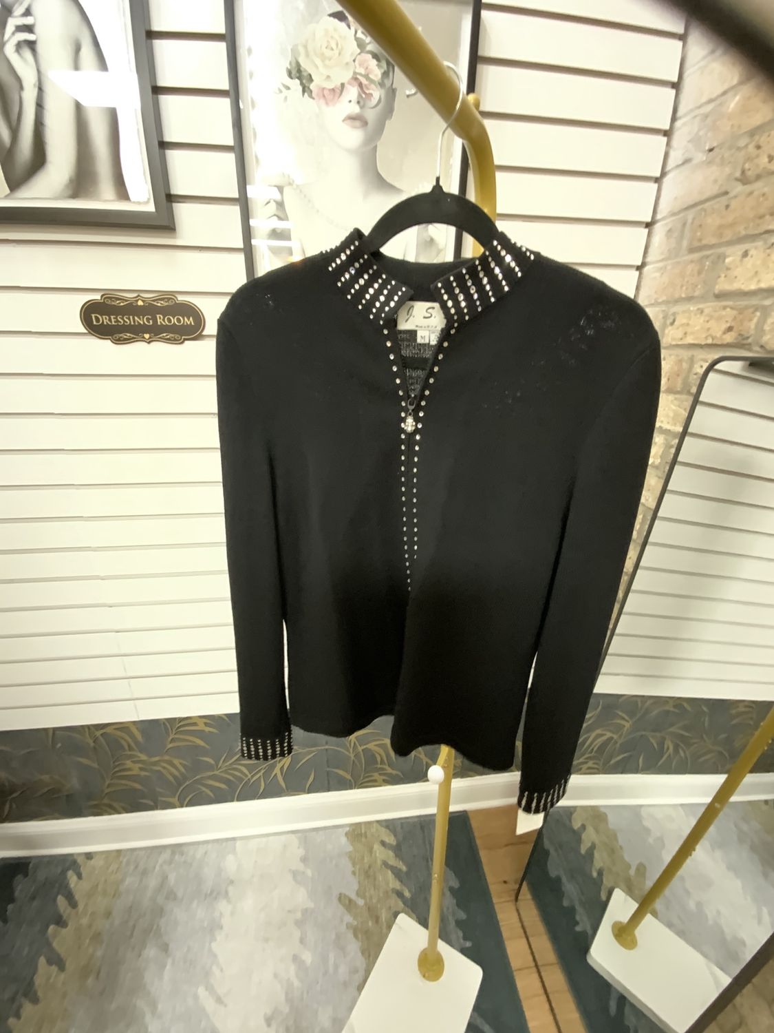 Women Black Knit Dress with Rhinestone Trim Size M