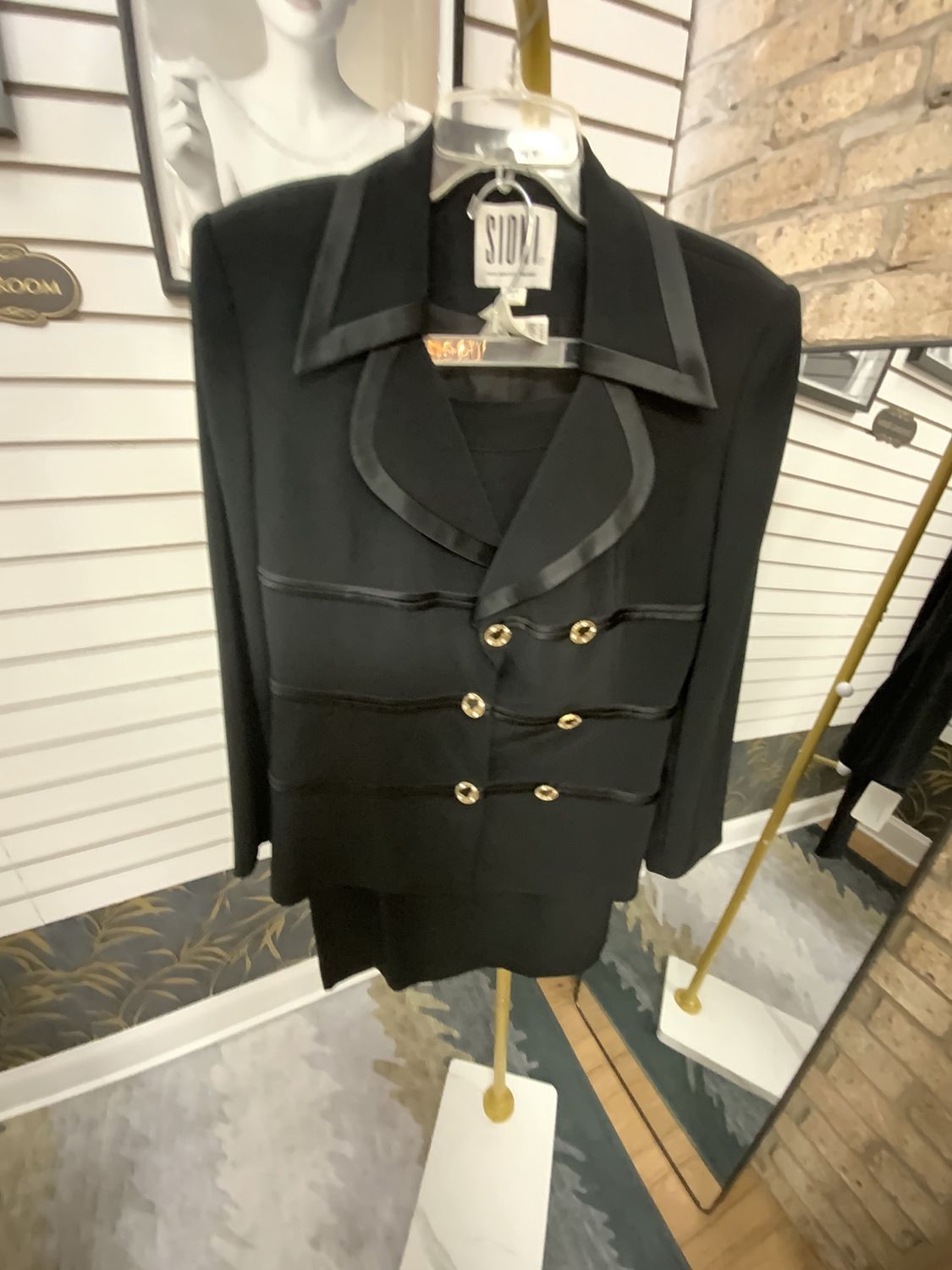 Women 2 Piece Black with Gold Button Jacket/Dress Size 10