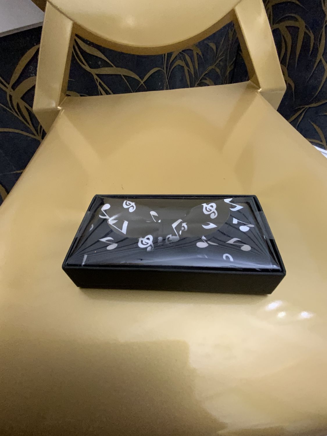 Men White Music Note Black Banded Bow Tie