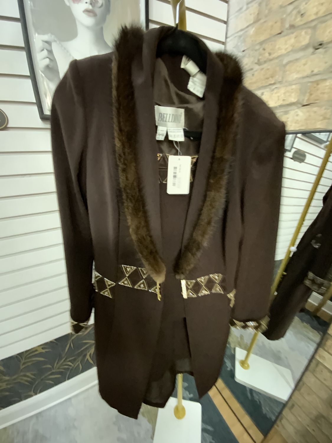 Women 3 Piece Brown Mink Trim Shirt/Skirt/Long Jacket Sequin Detail Size 10