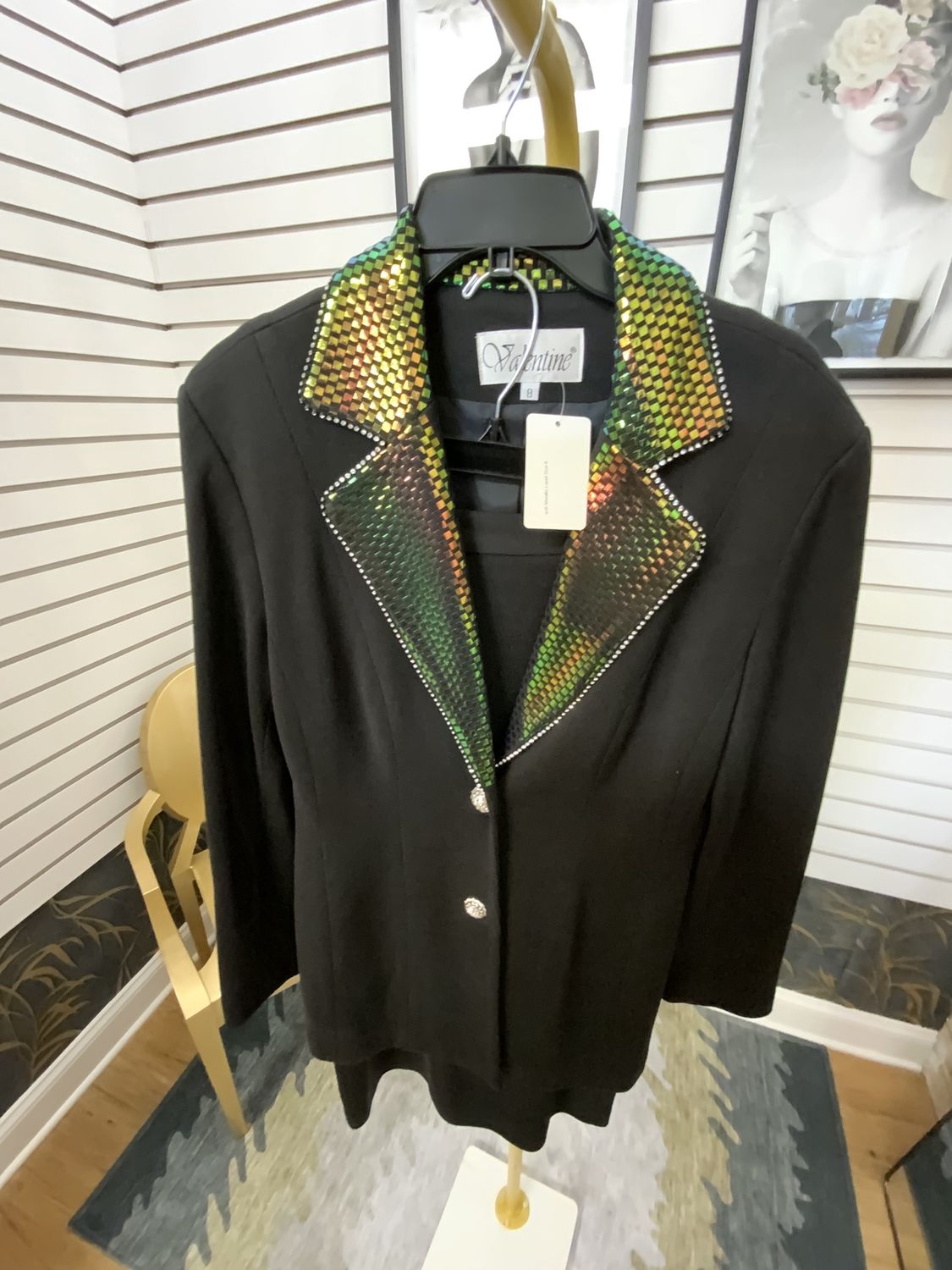 Women 2 Piece Black Jacket/Skirt with Metallic Lapel Size 8