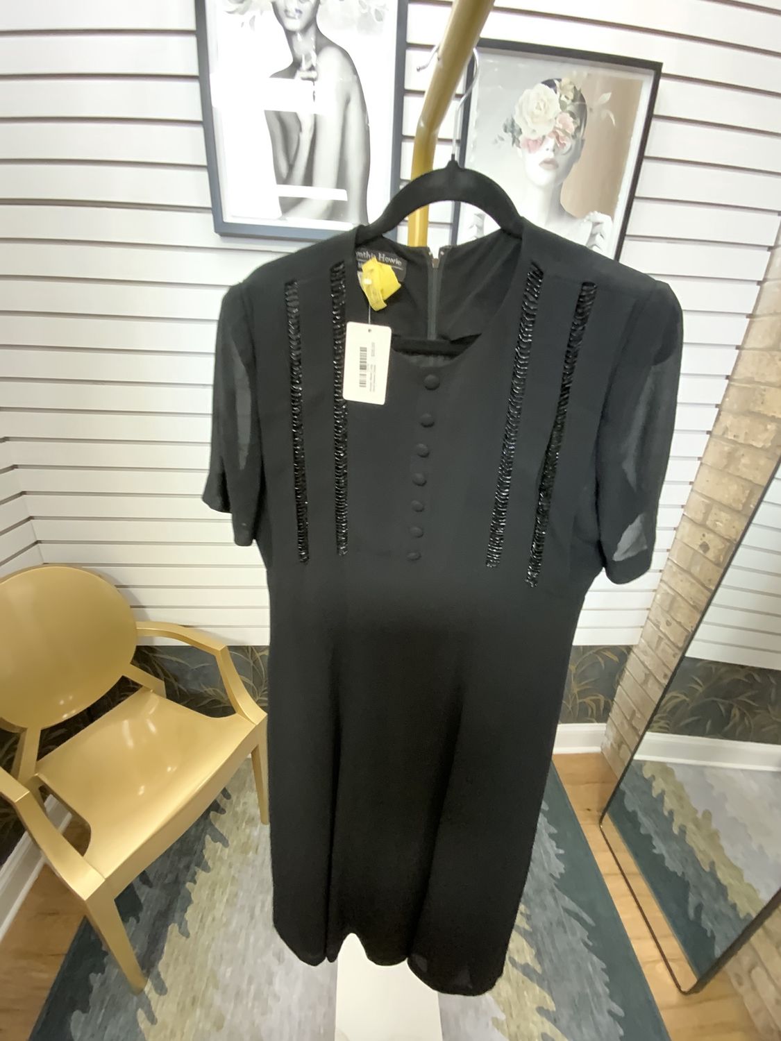 Women Black Long Short Sleeve Dress With Black Bead Detail Size 8