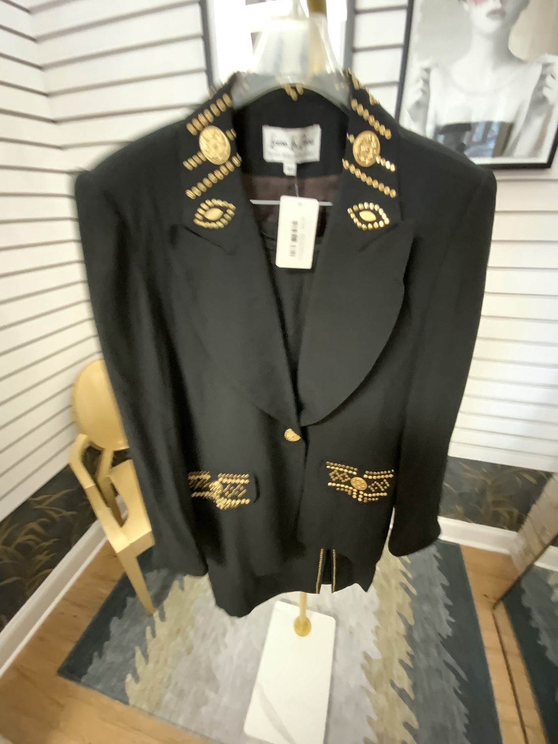 Women 2 Piece Black Jacket/Skirt with Gold Detail Size 10