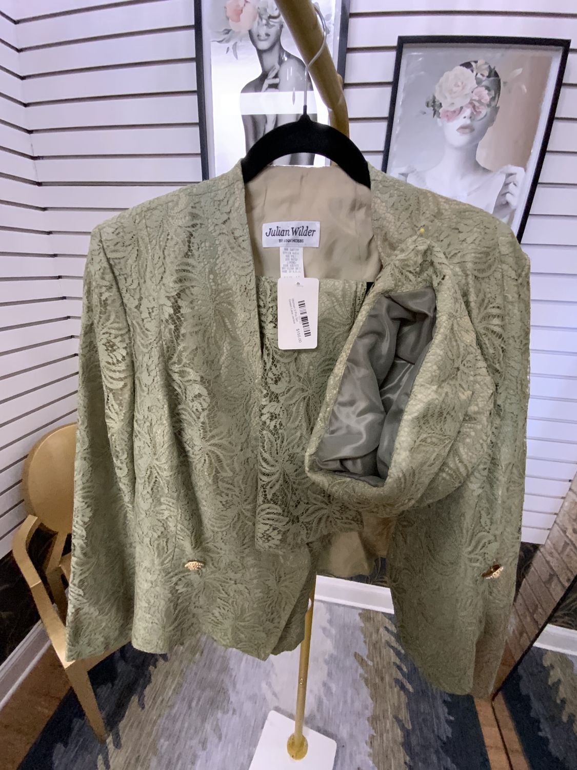 Woman 3 Pcs Set Green Lace Jacket  with Gold Buttons Long Skirt and Hat to Match Size 12