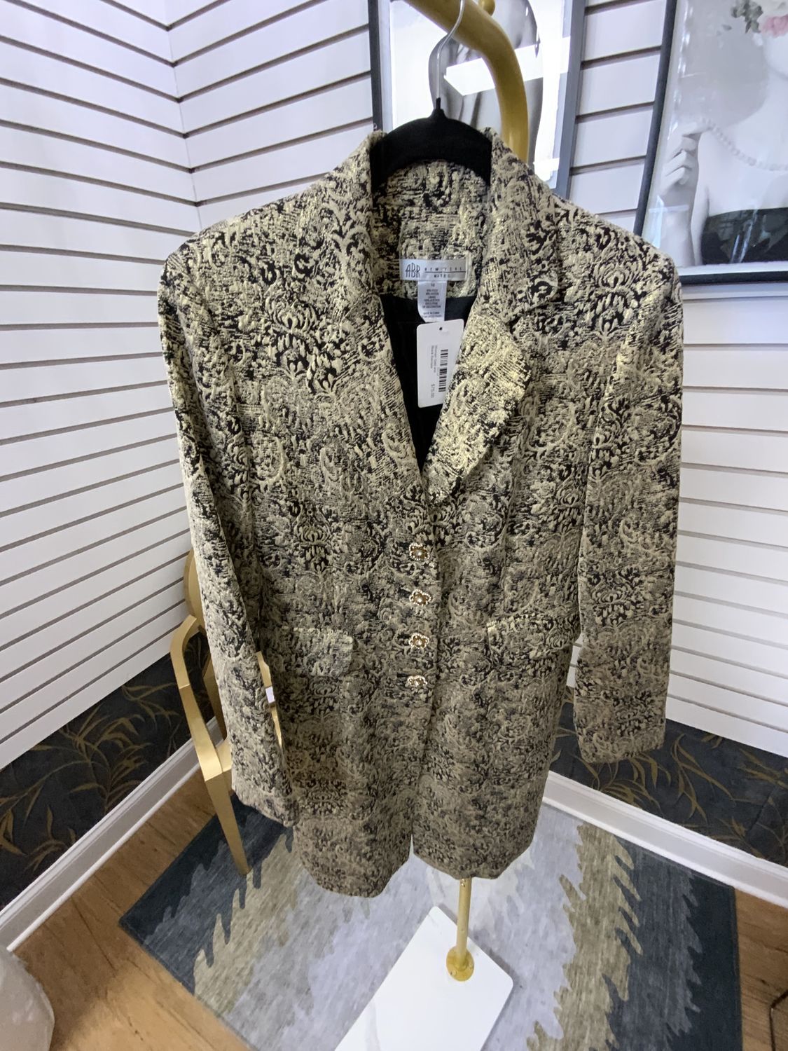 Woman Gold and Black Barcade Slimmer Long Jacket with Gold Stone Buttons Size 10