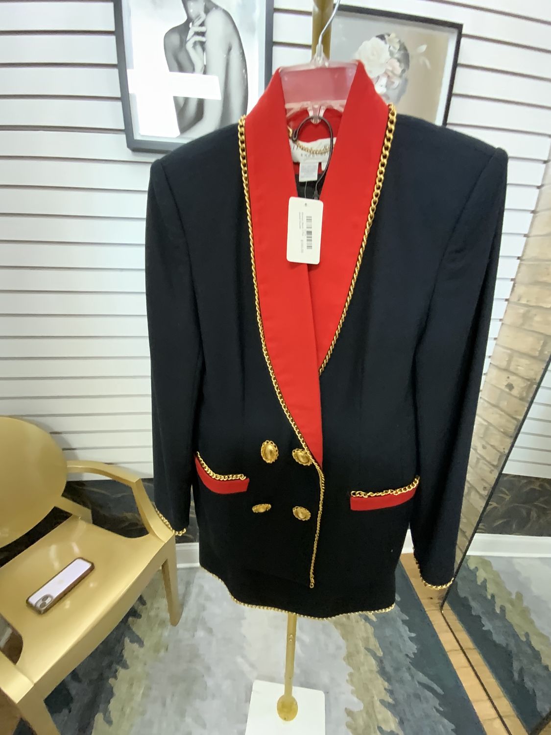 Woman Black 2 Pcs Jacket Double Breasted and Long Skirt with Chain Trim Size 8