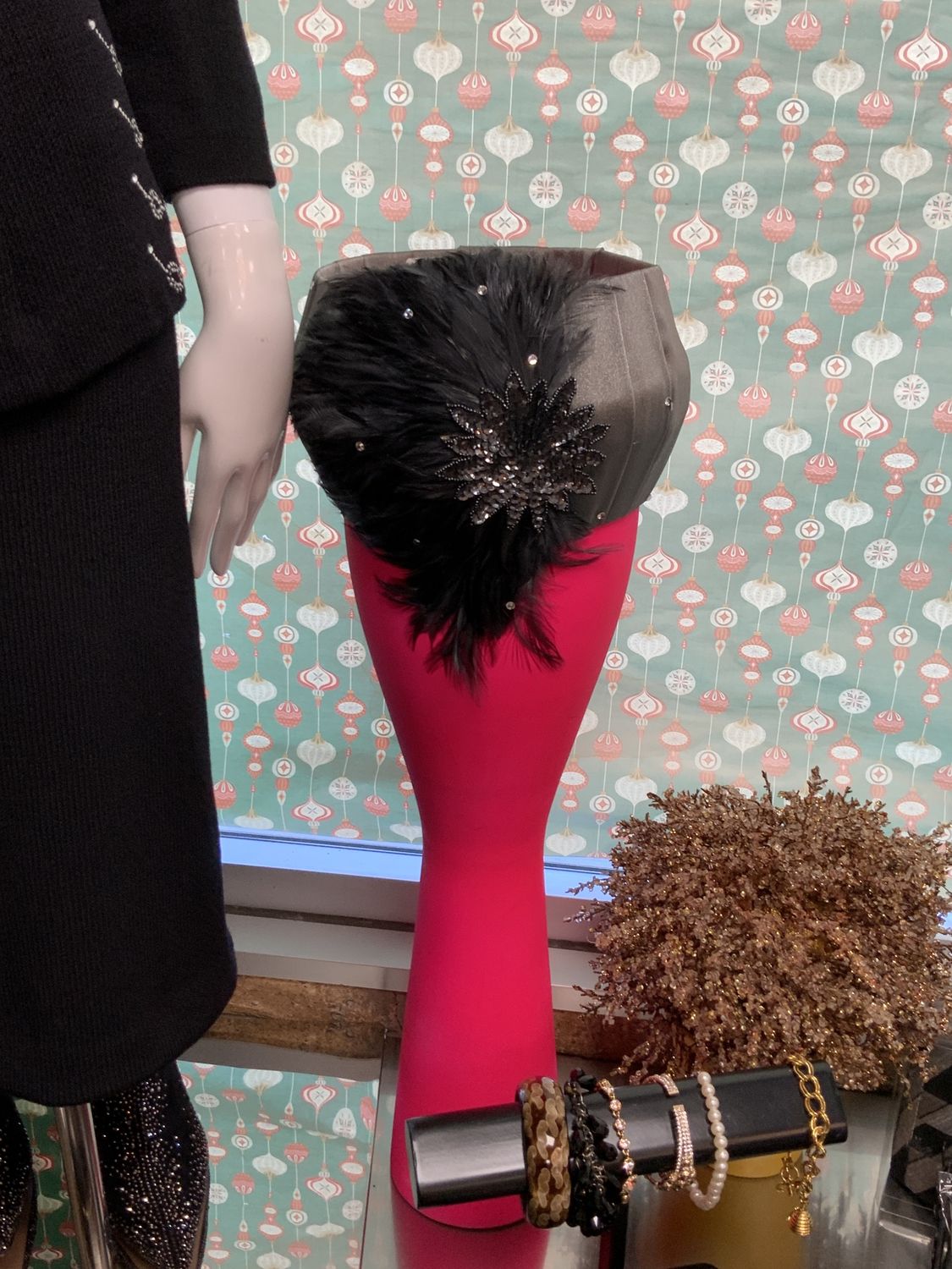 Hat Custom Silver with Clear Stones with Gray Feathers Round