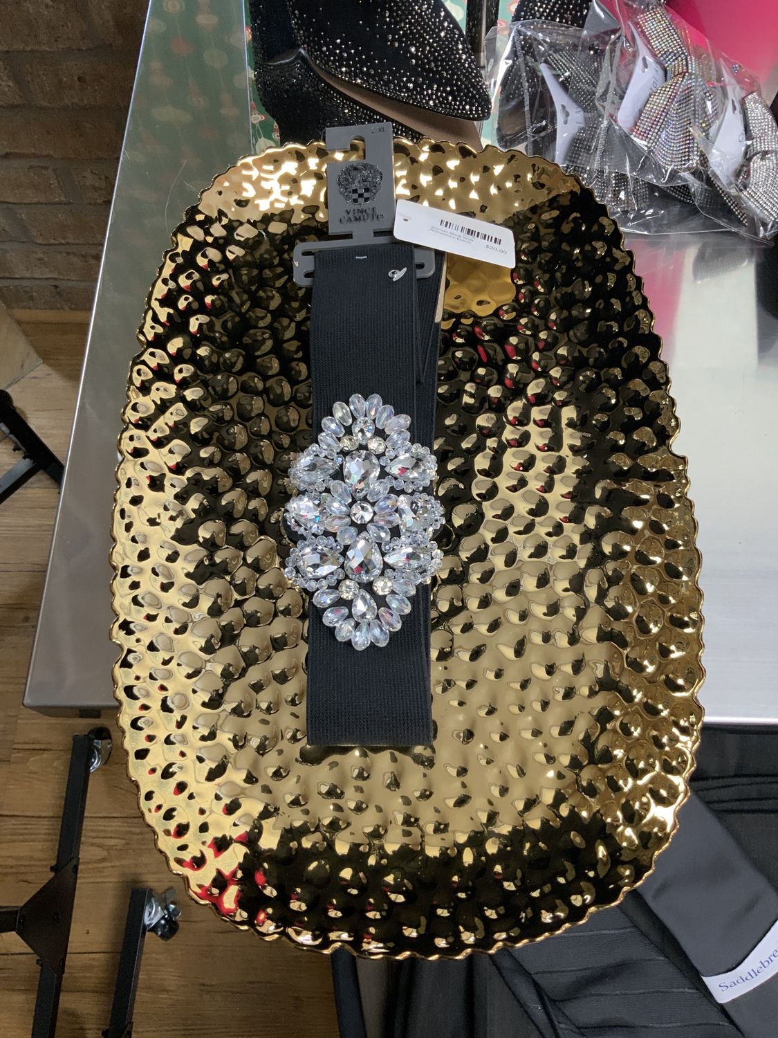 Woman Black Wide Rhinestone Elastic Belt L/XL