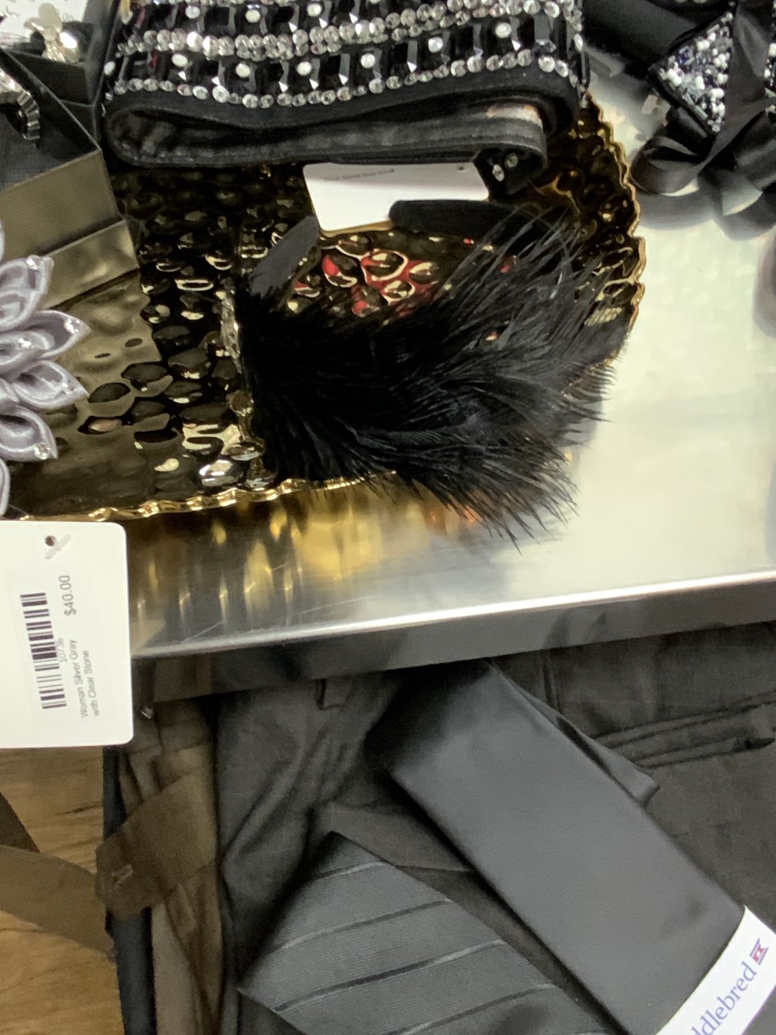 Woman Headband Black Feathers with Gold  with Rhinestone