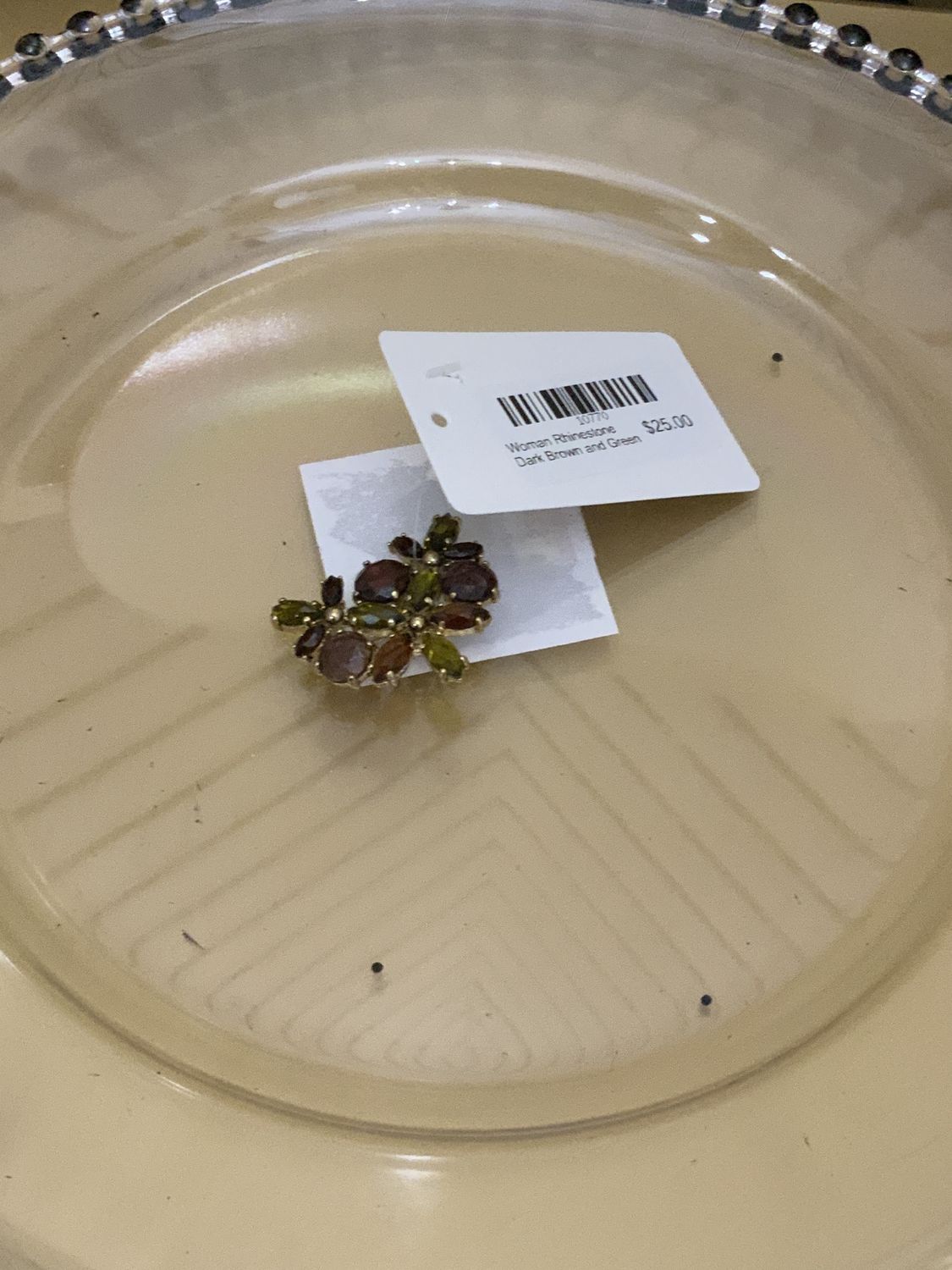 Woman Rhinestone Dark Brown and Green Brooch Pin