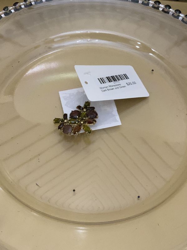 Woman Rhinestone Dark Brown and Green Brooch Pin