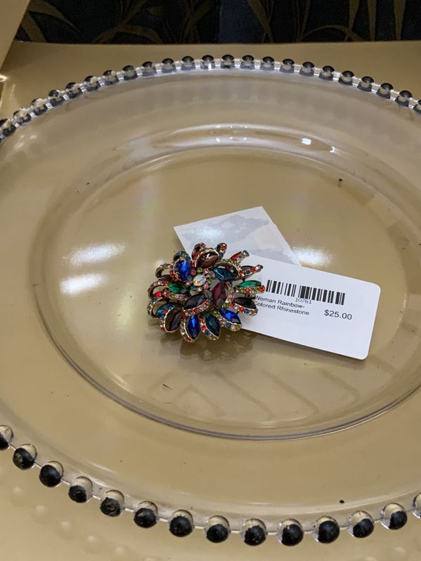 Woman Rainbow-Colored Rhinestone Flowers Brooch Pin