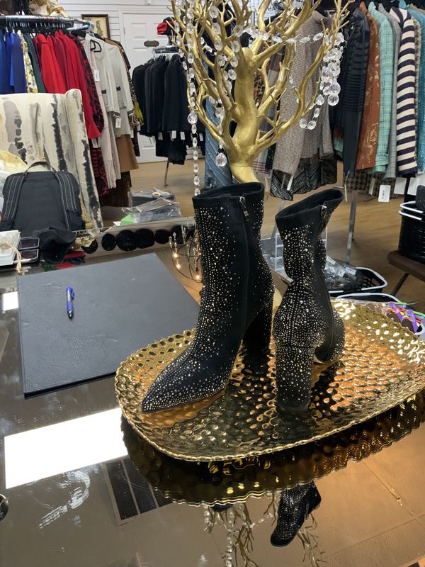 Woman Black Pointed Toe Rhinestone Heeled Sock Boots Size 9.5