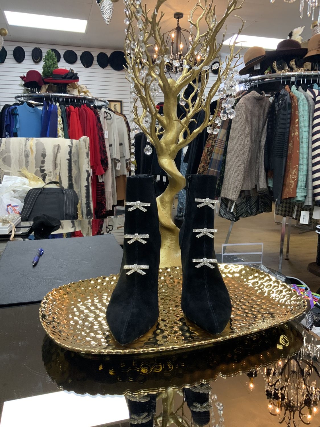 Woman Black Suede Rhinestone Bow Booties Black Size 9.5 Reg 129.00