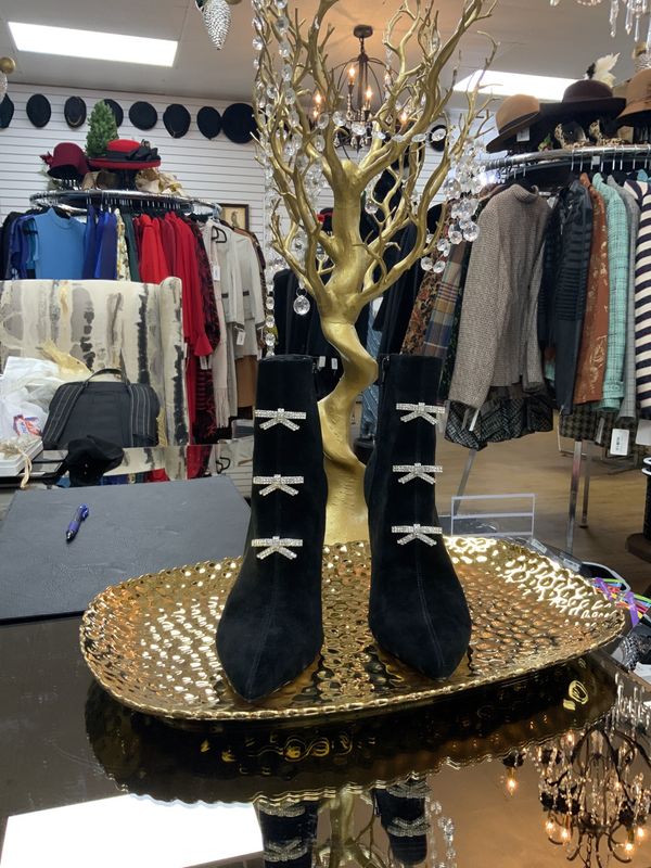 Woman Black Suede Rhinestone Bow Booties Black Size 9.5 Reg 129.00