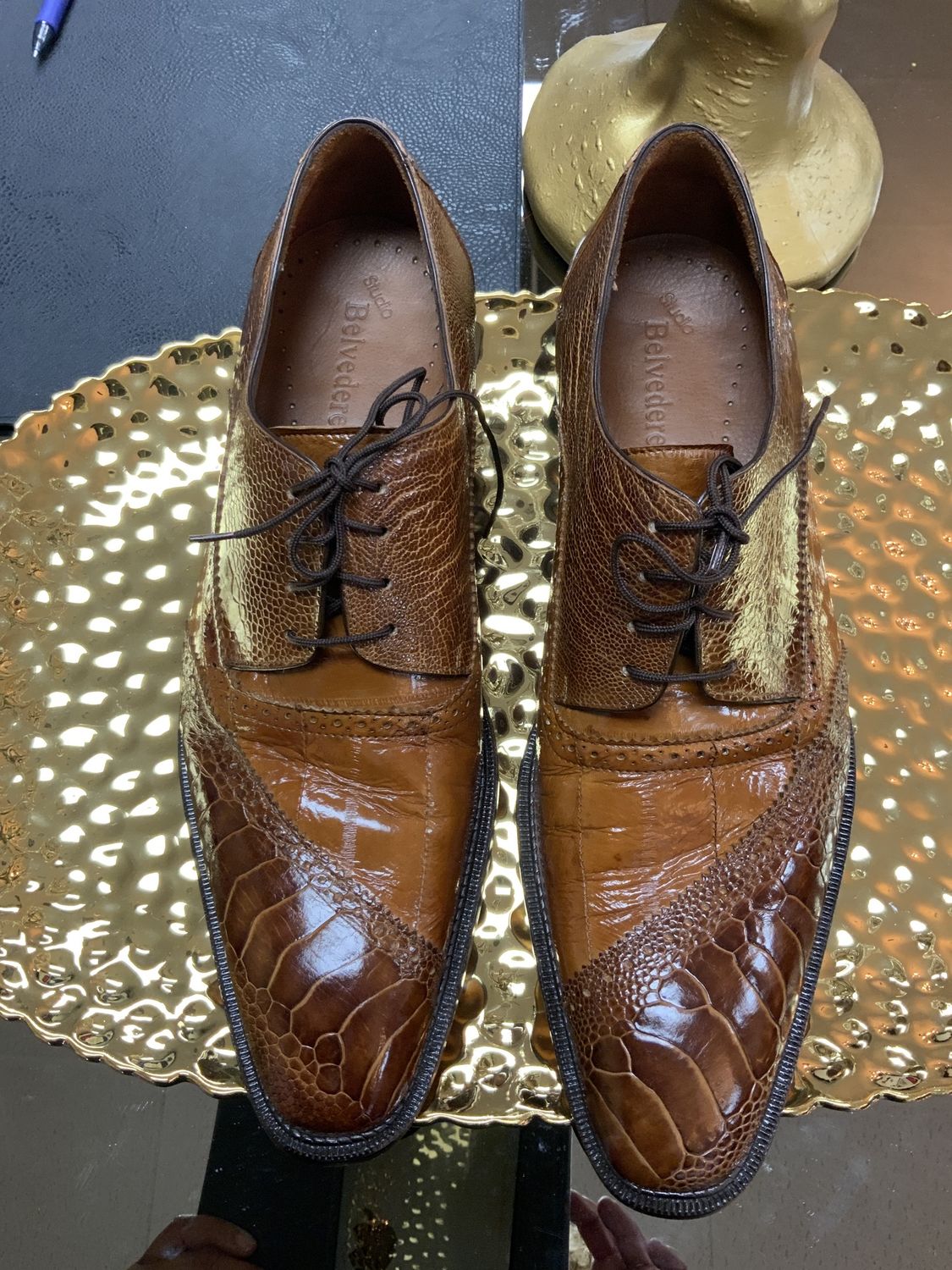 Men Belvedere Nion Genuine Ostrich Dress Shoes Camel Brown Size 10 Reg Price $468.00