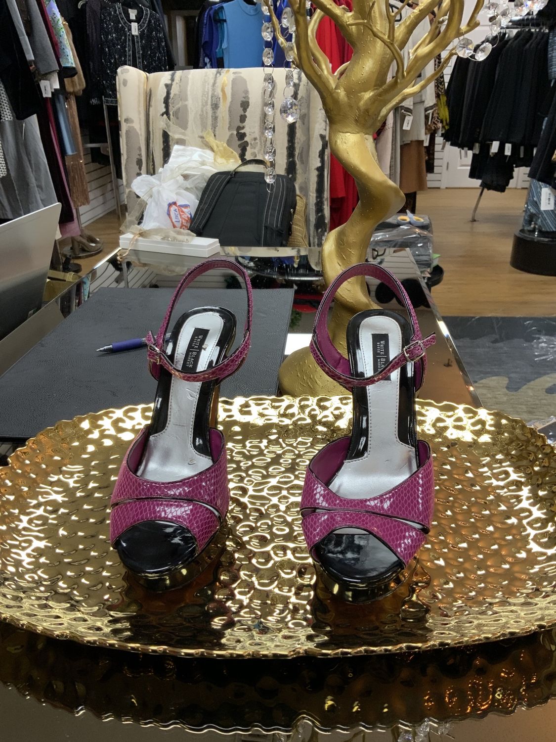 Woman ShoesLaci Platform Heel Purple Magenta Snake Skin Printed Leather High Sandal Size 9M