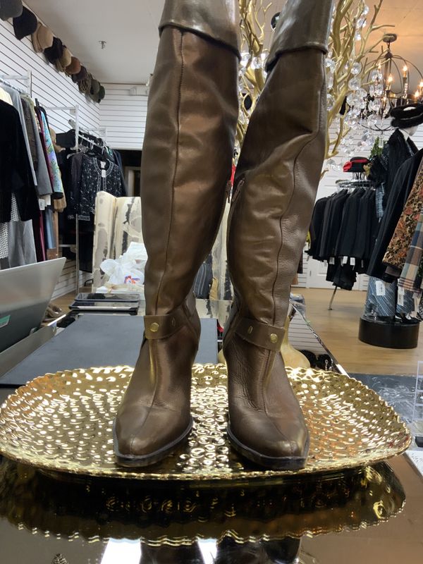 Woman Shoes Metallic Bronze Leather Tall Cowboy Boots Size