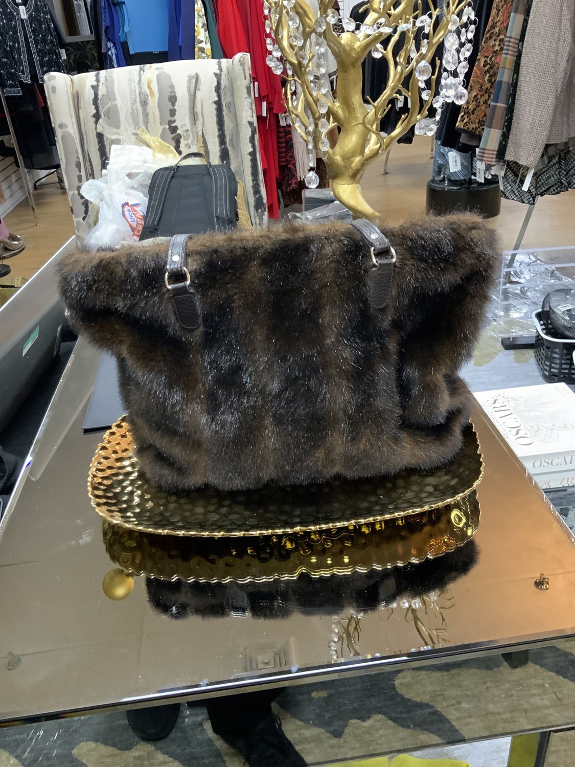 Woman Purse Faux Brown with Silver Feet One Size  Large