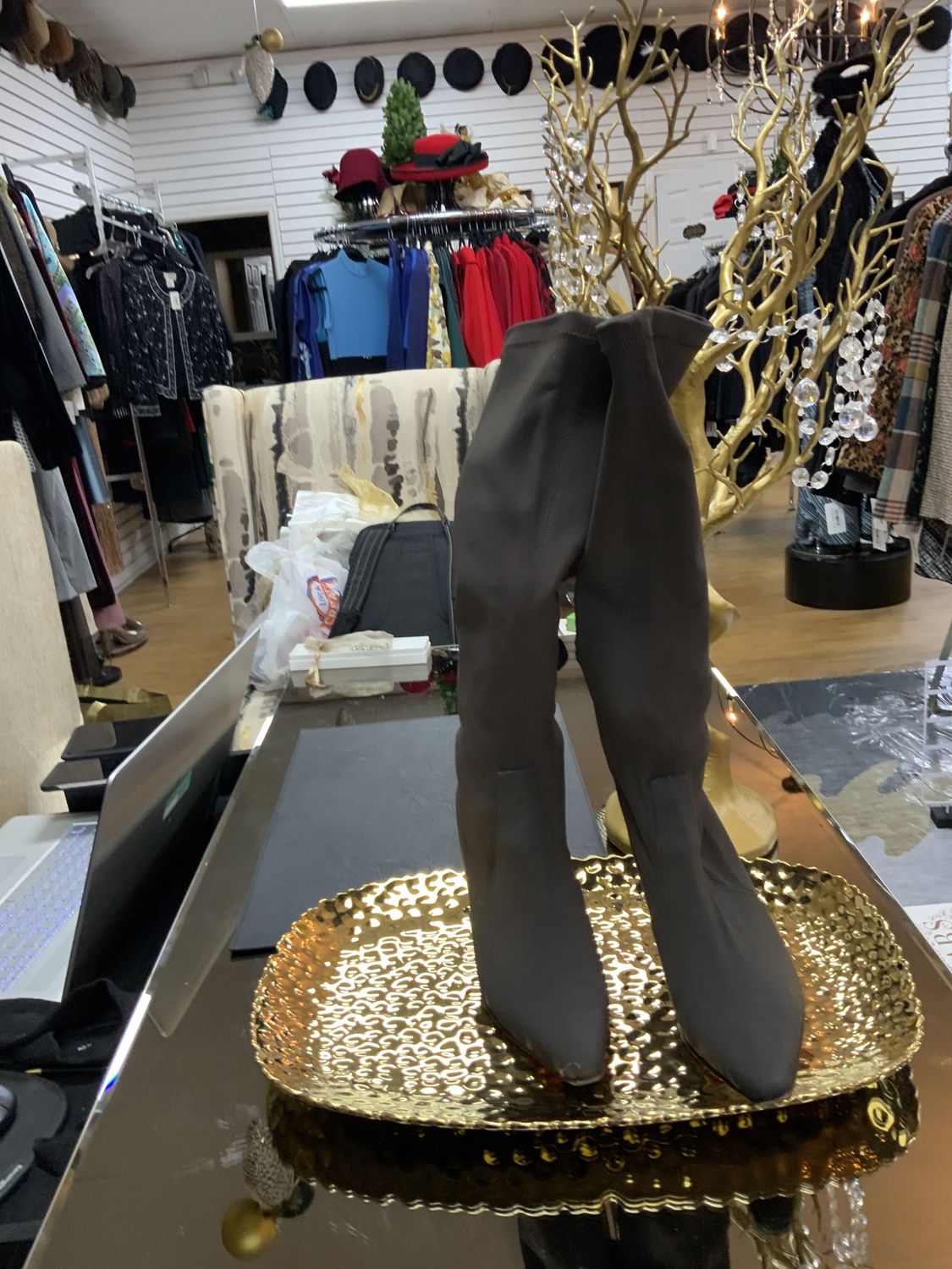 Woamn Shoes Brown Cloth Silver back space Pointed High Heel Boots Size 9 1/2