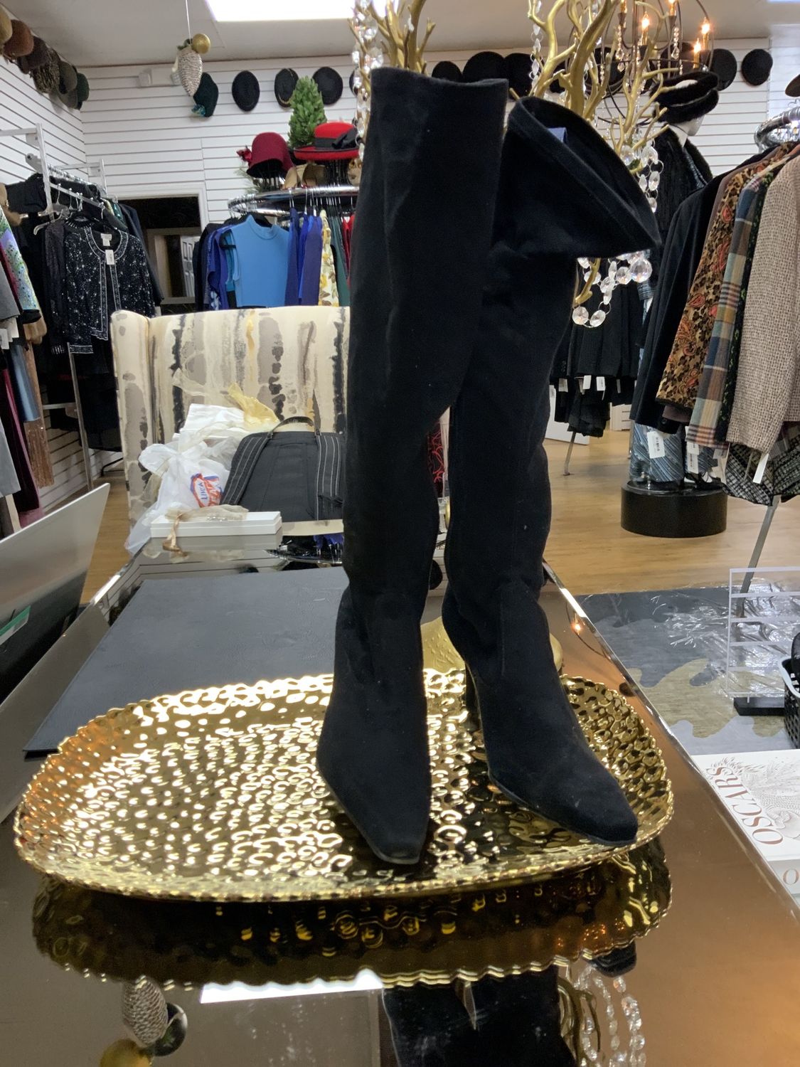 Woman Shoes Tall Black Suede Med Heel Boot Size 8 1/2