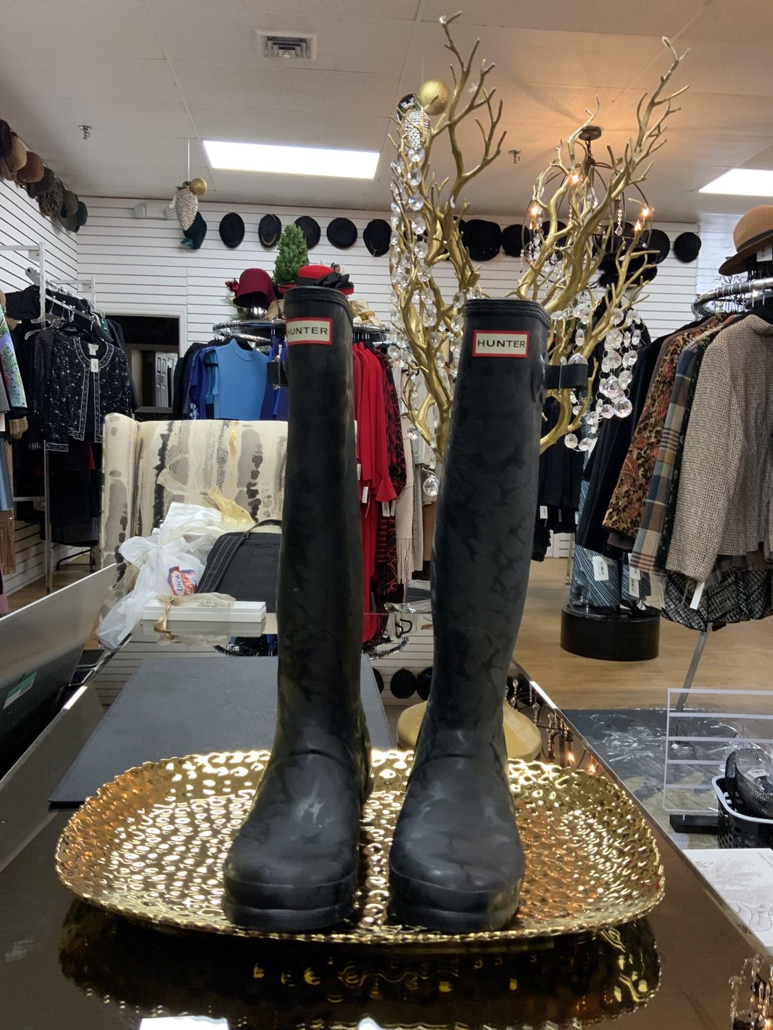 Woman Shoes Hunter Tall Black with Print Rain Boots Size 39 Usa 8