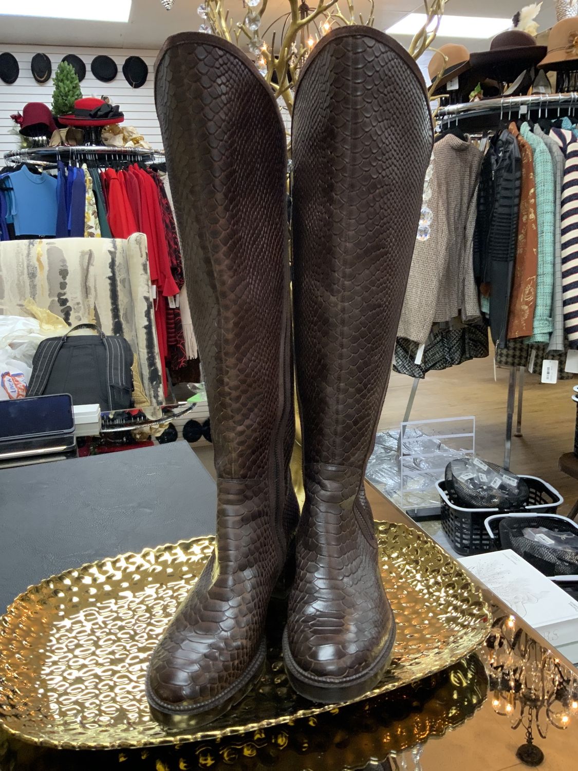 Woman Shoes Donald Pliner Soffie Python Embossed Leather with Suede Trim Tall Boots In Espresso Brown Size 9 1/2