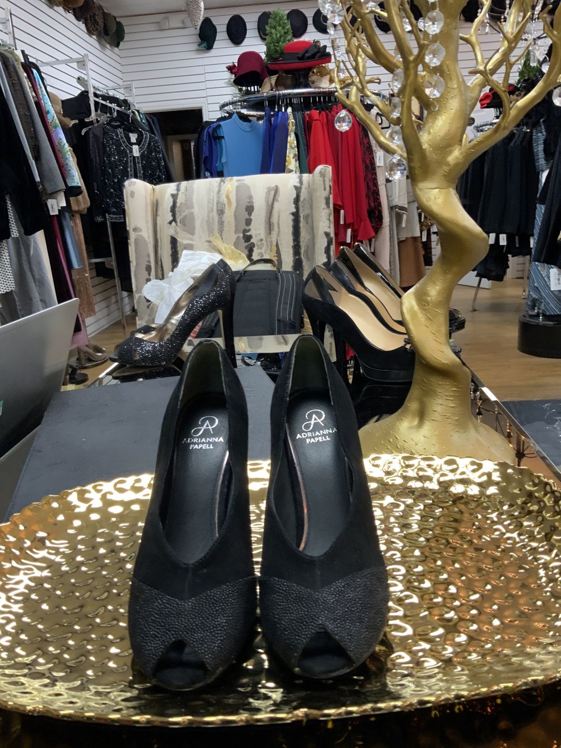 Woman Shoes  Black Adrianna Papell Peep Toes Textured Toe Cap and Black Suede Size 39