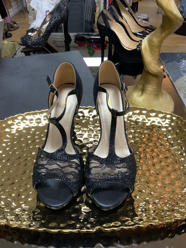 Woman Shoes Black High Heel Sandals with Lace and Black Rhinestone details with Lace Size 10