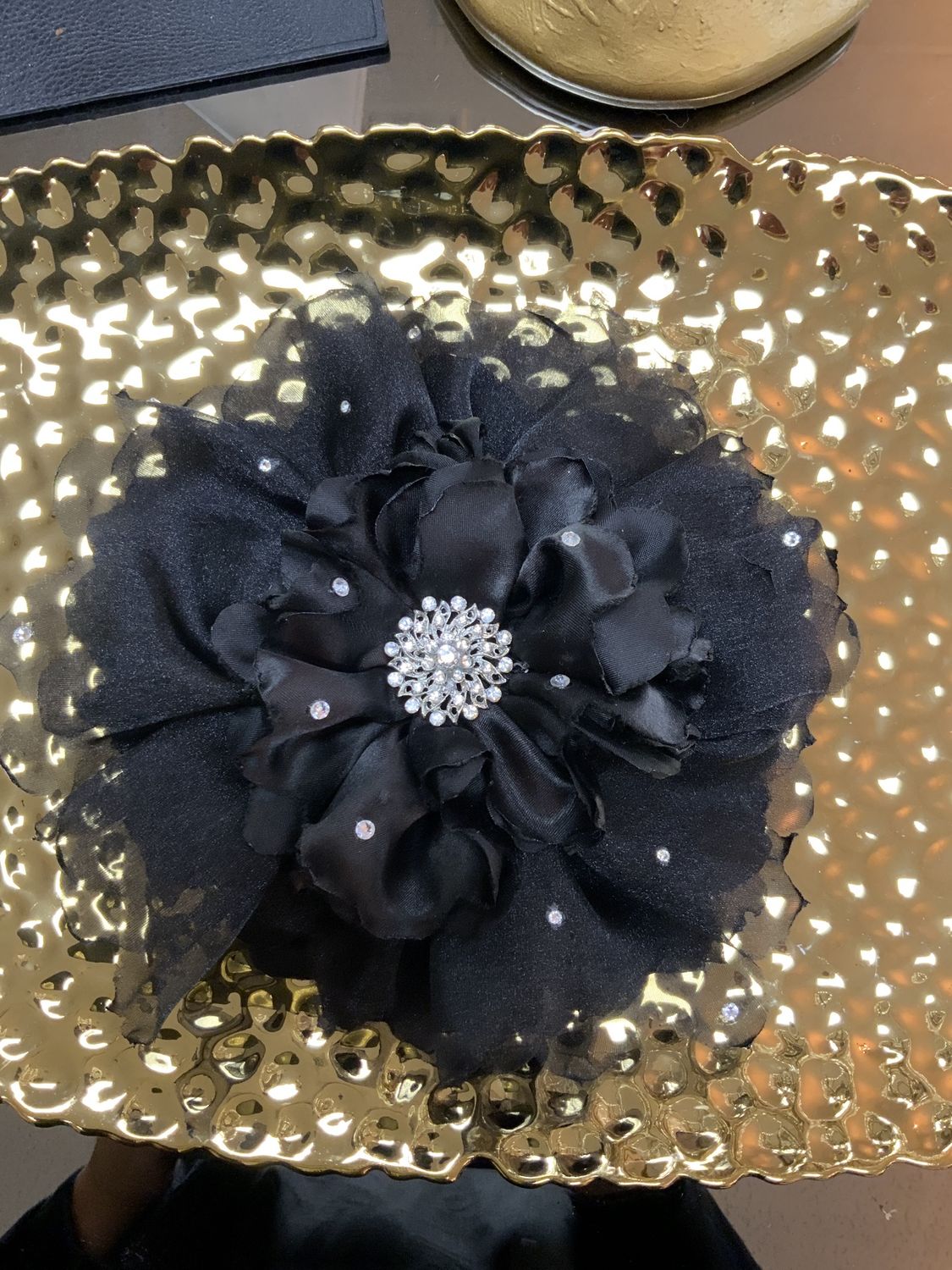 Woman Cloth Sheer Flower Custom Made Brooch Pin Black on Black with Clear Stone and Silver Accents Large