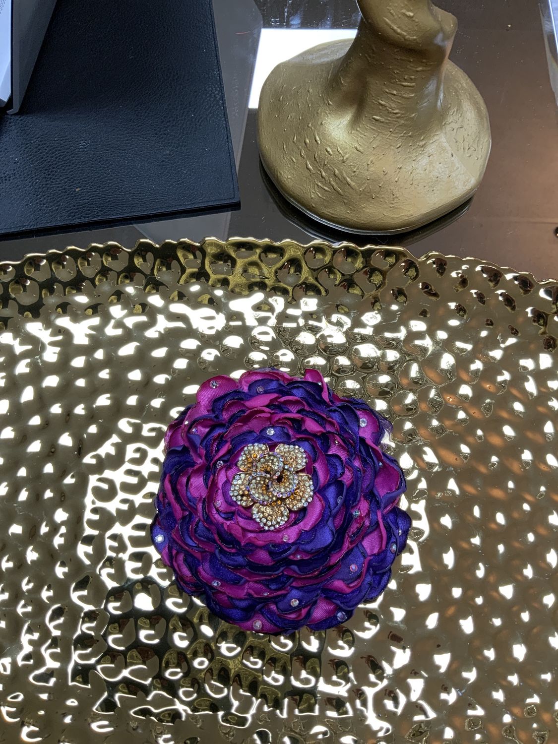 Woman Satin Flower Fuchsia and Purple  with Gold and Taupe and Clear Stone Center Brooch Pin Large