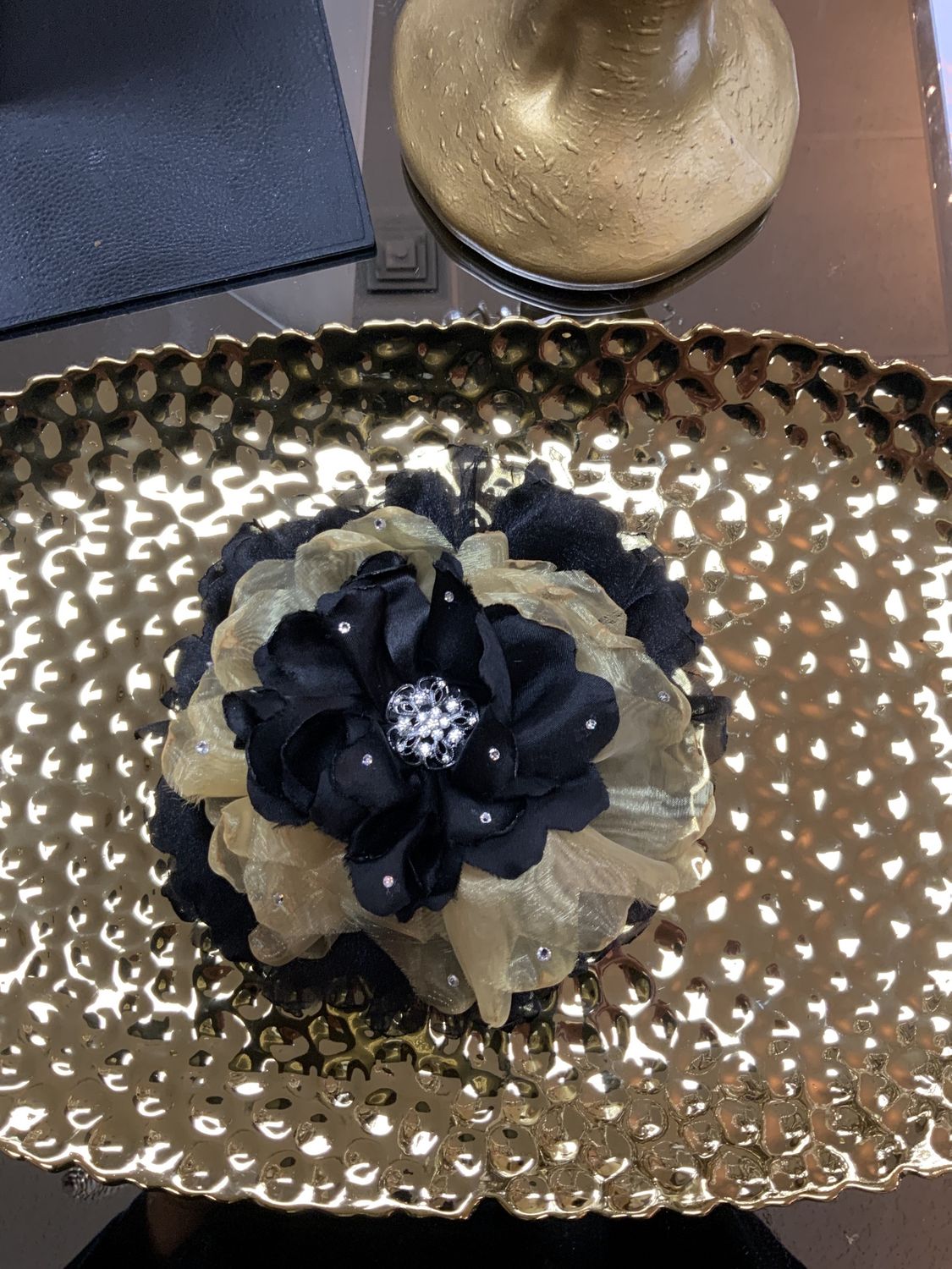 Woman Cloth Sheer Flower Custom Made Brooch Pin Black and Gold with Clear Stone and Silver Accents Large