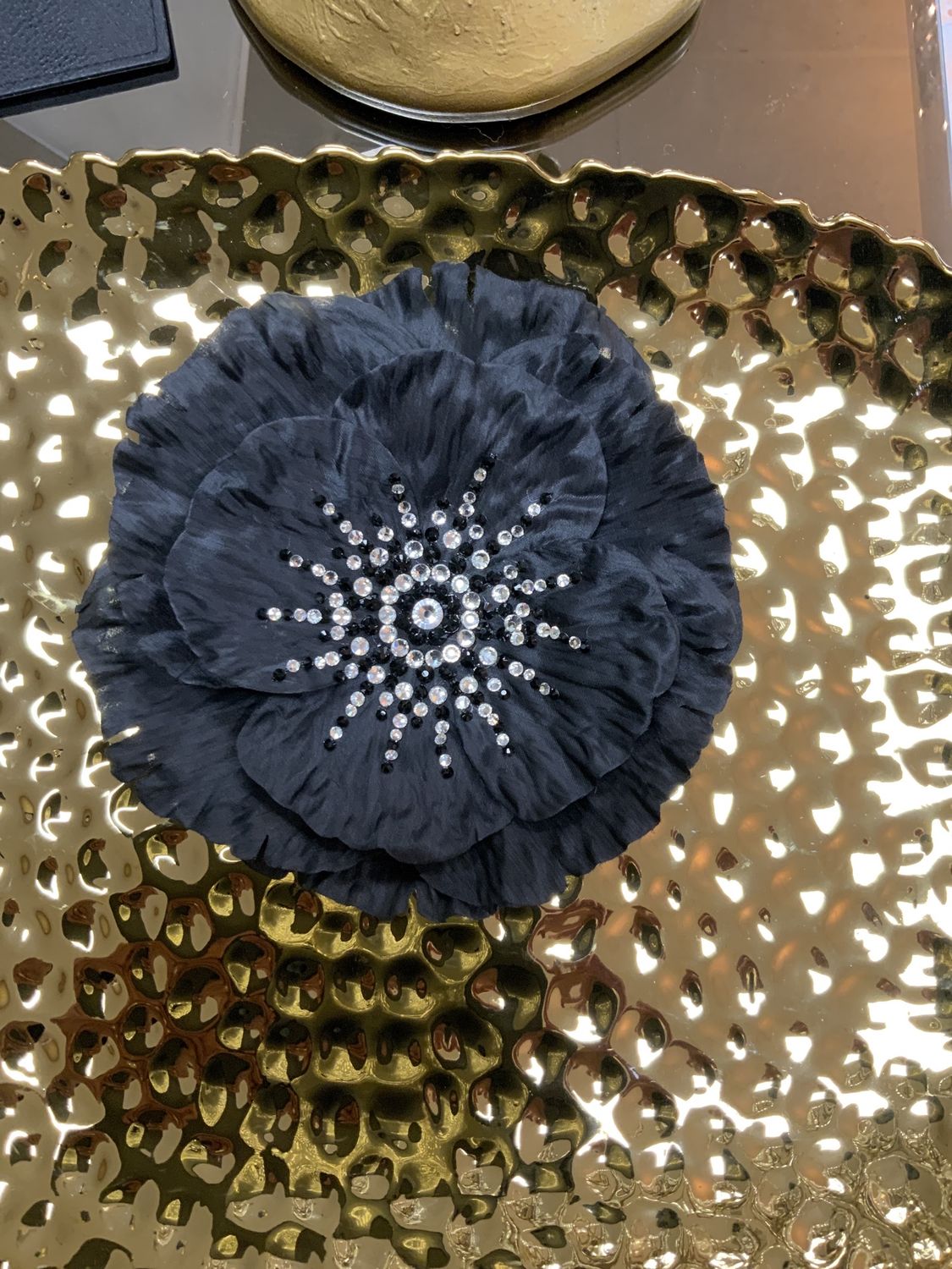Woman Cloth Sheer Flower Custom Made Brooch Pin Black with Clear Stone  Accents Large