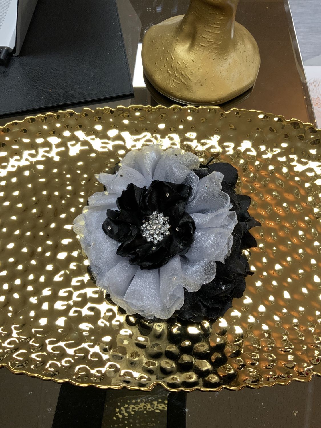 Woman Cloth Sheer Flower Custom Made Brooch Pin Black and  Silver with Clear Stone and Silver Accents Large